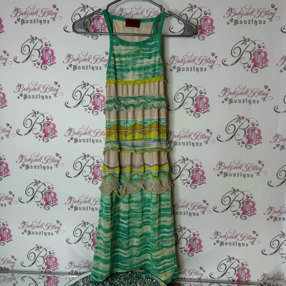 Missoni Striped Green and Yellow Maxi Dress mockneck knit ruffle frilly tiered